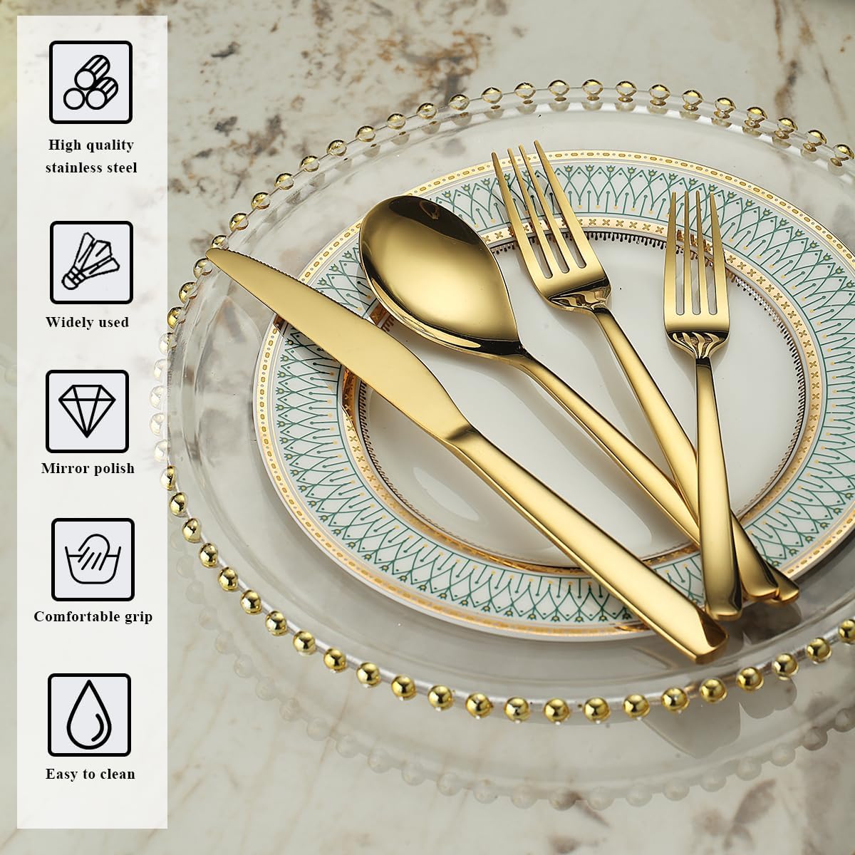 Berglander Gold Silverware Set 48pcs Service for 12, Golden Titanium Plating Stainless Steel