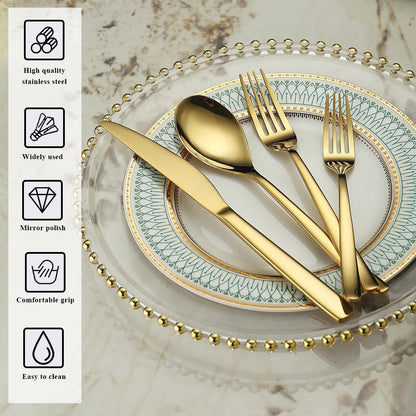 Berglander Gold Silverware Set 48pcs Service for 12, Golden Titanium Plating Stainless Steel