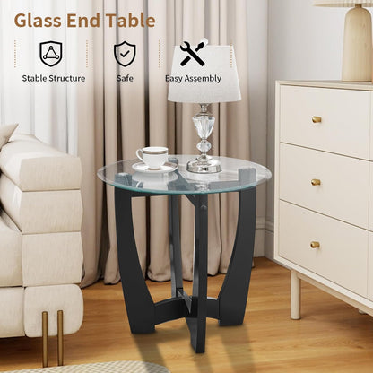 Glass End Table, 23.5" Round Side Tables with Tempered Glass Top Cross and Solid Wood Base Small