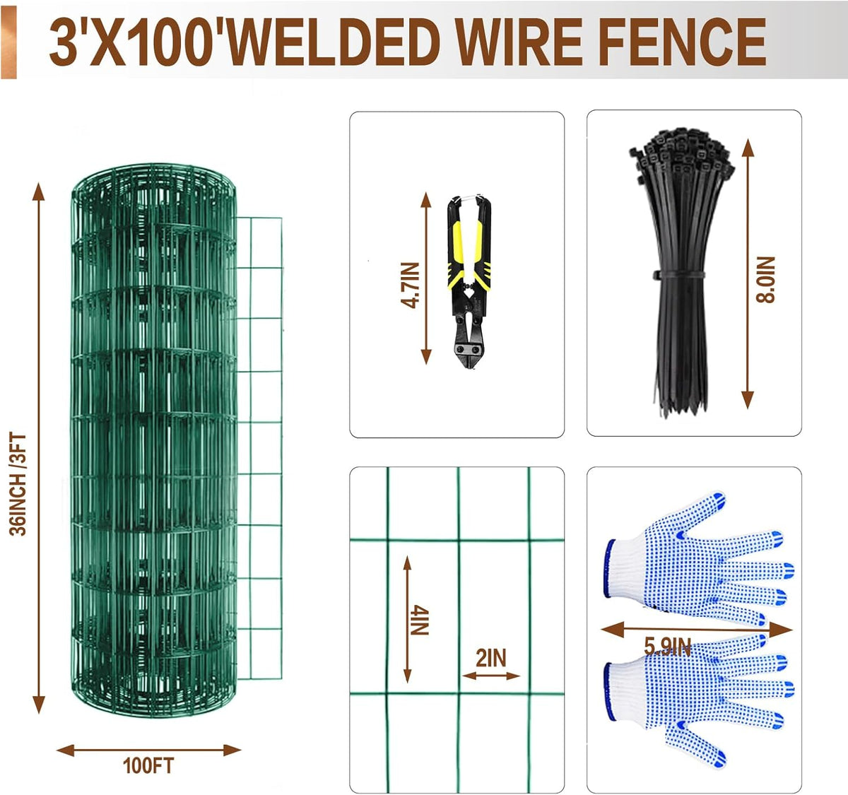 Tongmo 3 ft x 100 ft Green PVC Coated Welded Wire Fence, 16GA Garden Chicken Wire Fence Roll, Mesh