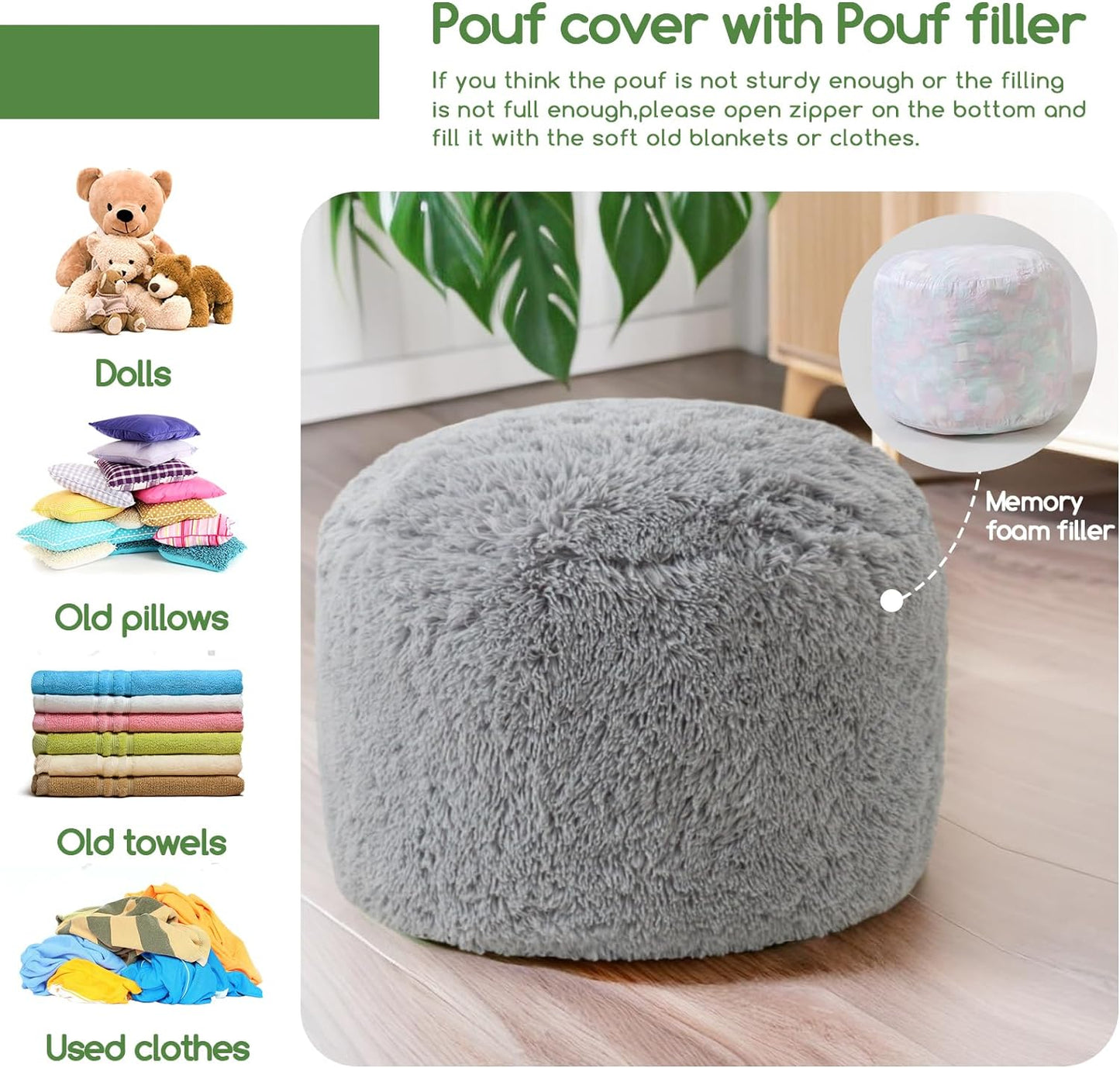 HIGOGOGO Round Stuffed Pouf Ottoman, Long Faux Fur Poufs with Foam Chunk Filling, Fluffy and Furry