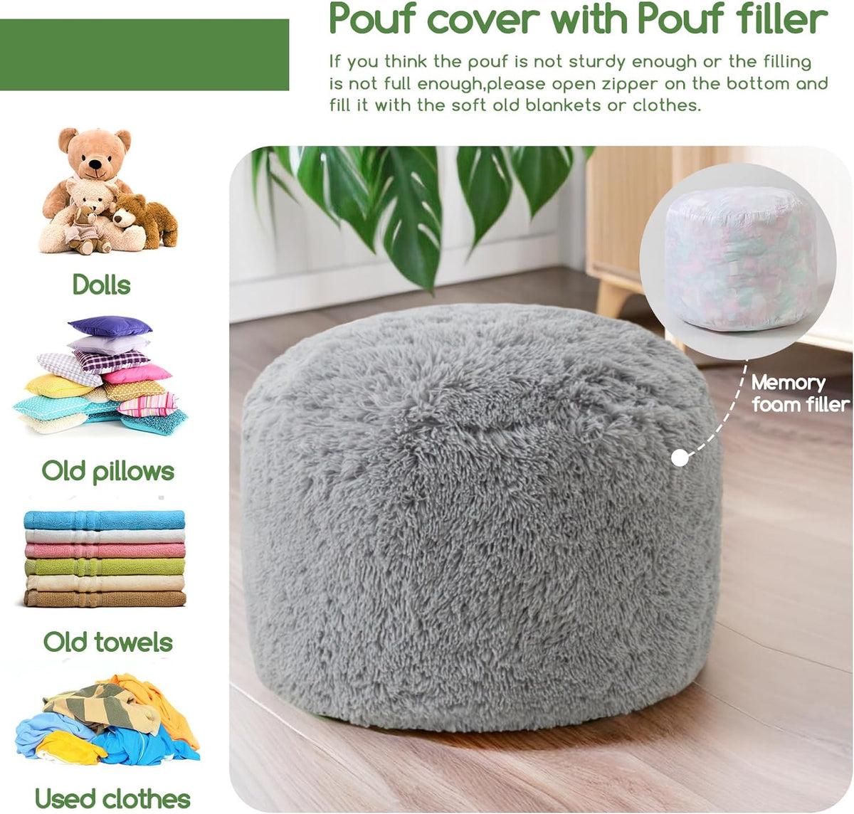 HIGOGOGO Round Stuffed Pouf Ottoman, Long Faux Fur Poufs with Foam Chunk Filling, Fluffy and Furry