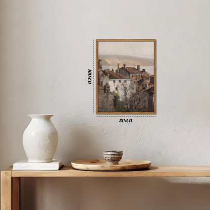 Floating Framed Vintage Canvas Wall Art, European Country Towns Wall Decor Oil Paintings Artwork