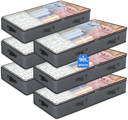 6 Pack Under Bed Storage Containers, 90L Collapsible Closet Organizers and Storage Bins, Underbed