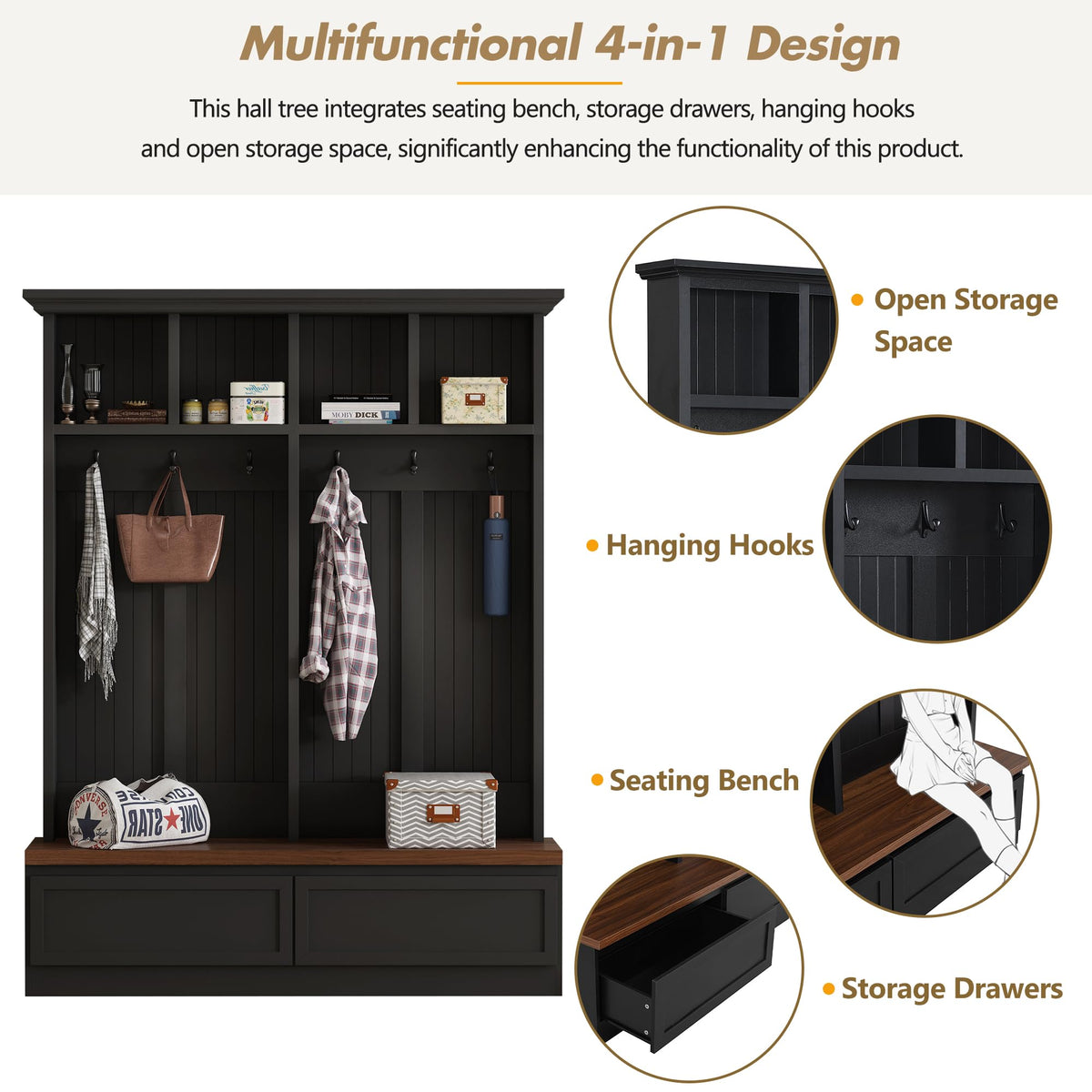Merax Farmhouse Wood Hall Tree with Bench and Storage Drawers, 4-in-1 Coat Rack with 6 Hooks for