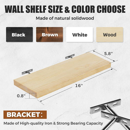 Floating Wall Shelves 4-Pack - Rustic Wood 16-inch Wooden Wall Shelves for Storage and Décor