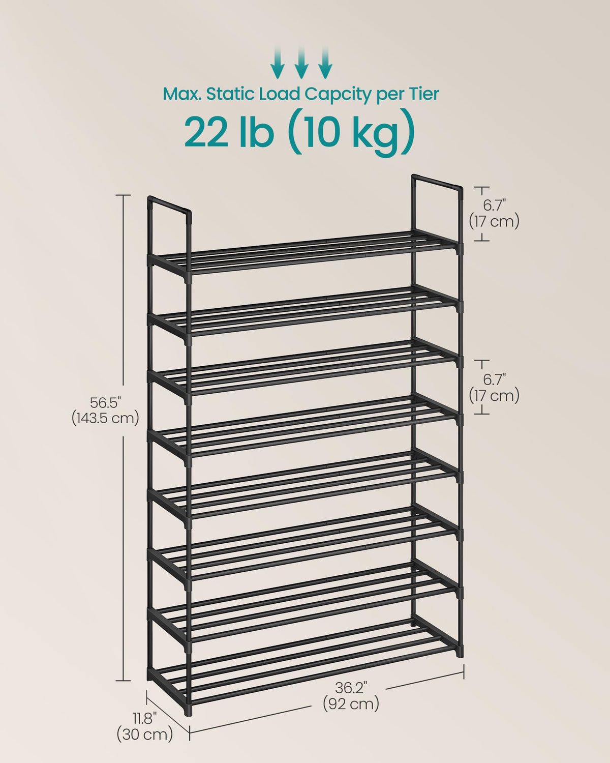 SONGMICS Shoe Rack, 8-Tier Shoe Organizer, Metal Storage Shelf, Upright or Upside Down, for 32-40