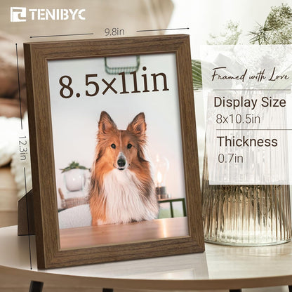 8.5x11 Picture Frame Set of 3 - Brown Woodgrain, Wood Photo Frame, HD Tempered Glass, Table Display