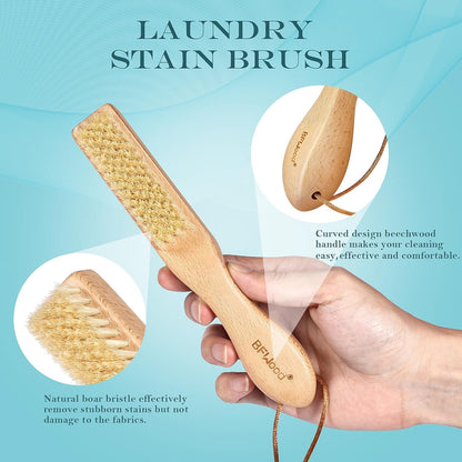 BFWood Laundry Stain Brush, Large Natural Soft Boar Bristles, Removes Tough Stains from Delicate