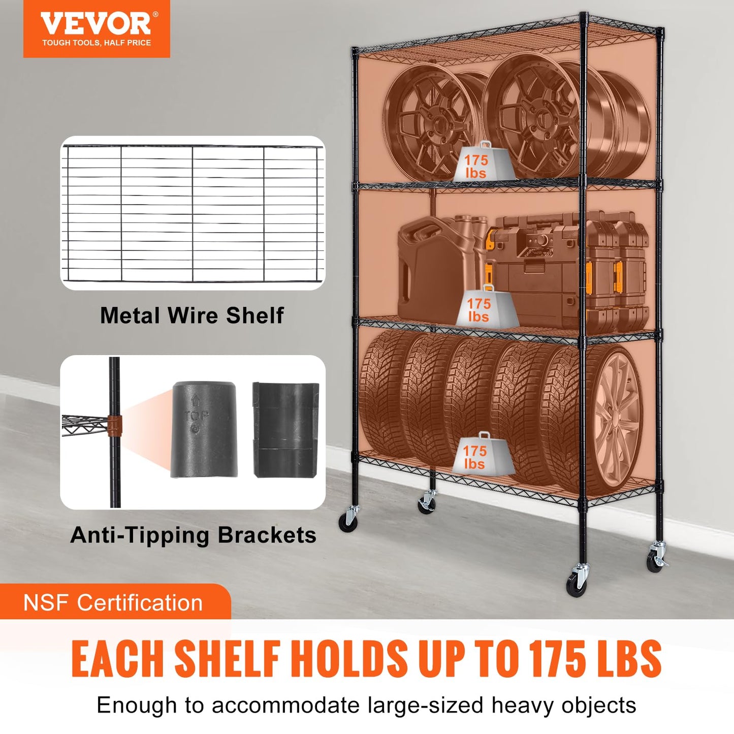 VEVOR Storage Shelving Unit, 4-Tier Adjustable Storage Shelves, 48" L x 18" W x 74" H Garage