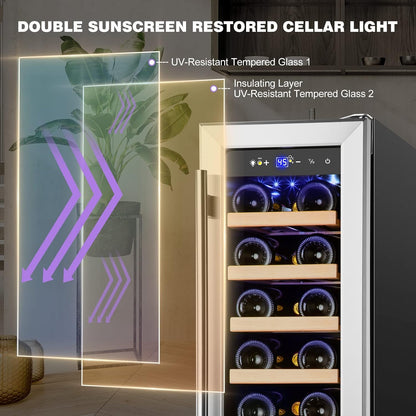 Tylza 12" Wine Cooler Refrigerator 18 Bottle Capacity, Compact Freezerless, Temperature Stability