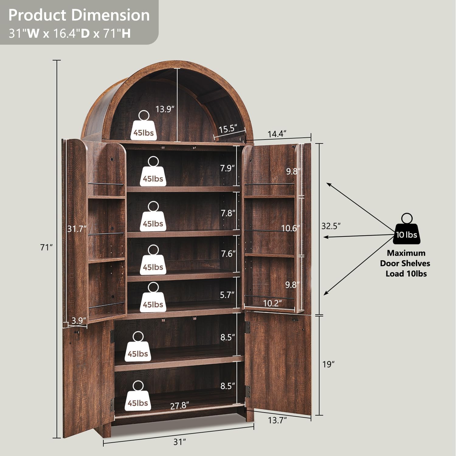 71" Tall Arched Bathroom Storage Cabinet, Modern Fluted Storage Cabinet w/Doors, 3 Adjustable