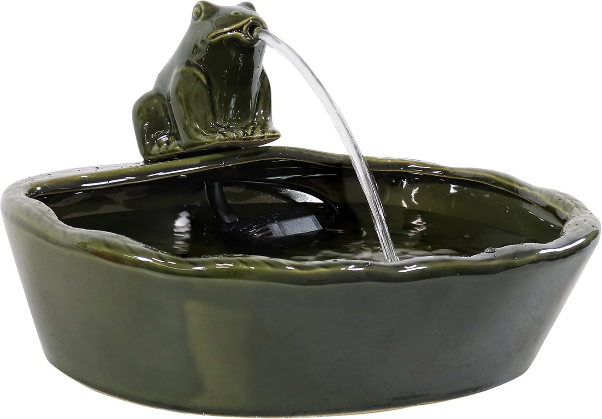 Sunnydaze Ceramic Solar-Powered Water Fountain - Green Glaze - Low-Voltage Submersible Pump with