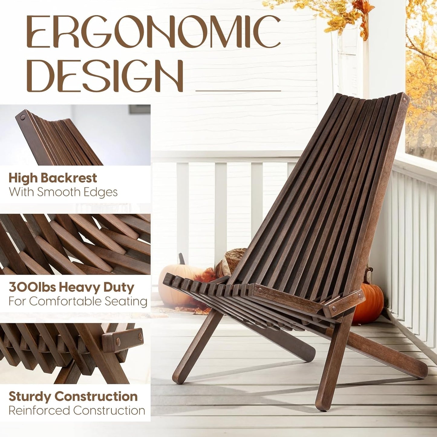 IDZO Elina FSC Eucalyptus Tamarack Chairs, 300Lbs Capacity Modern Adirondack Style, Wooden Folding