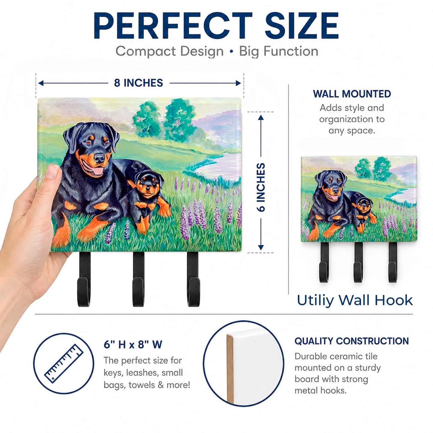Caroline's Treasures 7141TH68 Rottweiler Leash or Key Holder, Wall Hooks, Key Hooks Holder, Coat