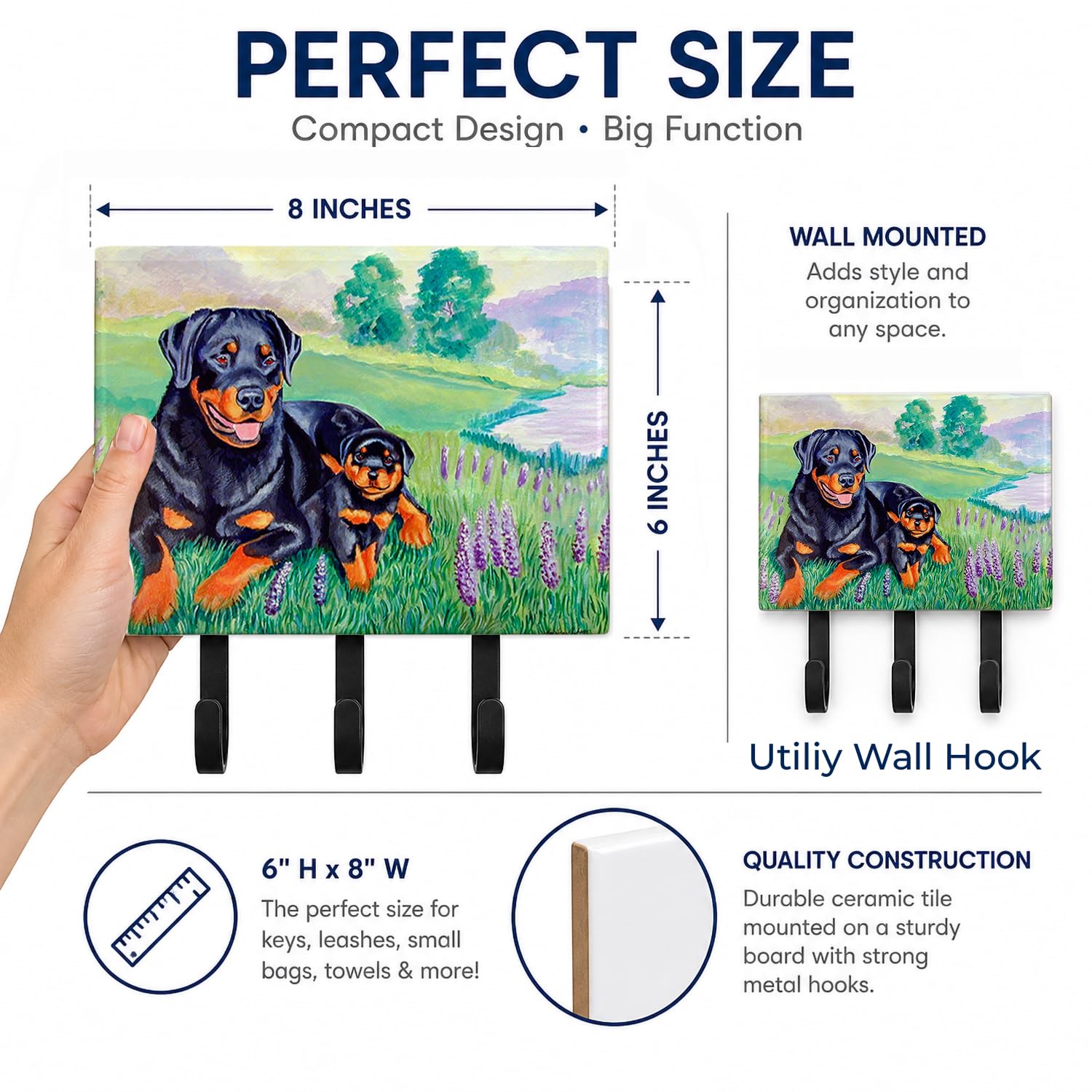 Caroline's Treasures 7141TH68 Rottweiler Leash or Key Holder, Wall Hooks, Key Hooks Holder, Coat