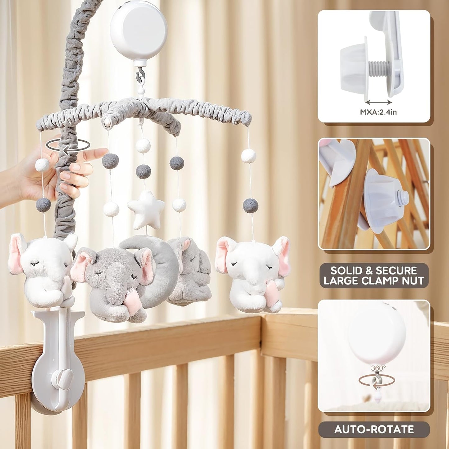 Baby Crib Mobile - Elephant Crib Mobile for Girls with 25 Inches Mobile Arm and 35 Lullabies