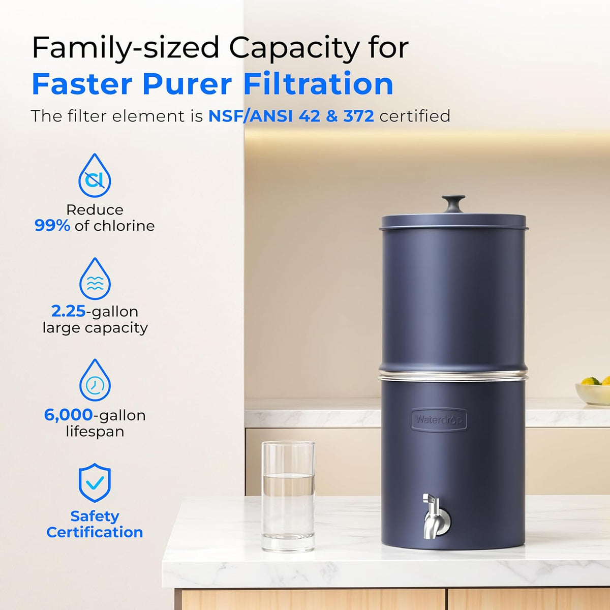 Waterdrop 2.25G Gravity Water Filter System, NSF/ANSI 42&371 Standard, Stainless Steel System with