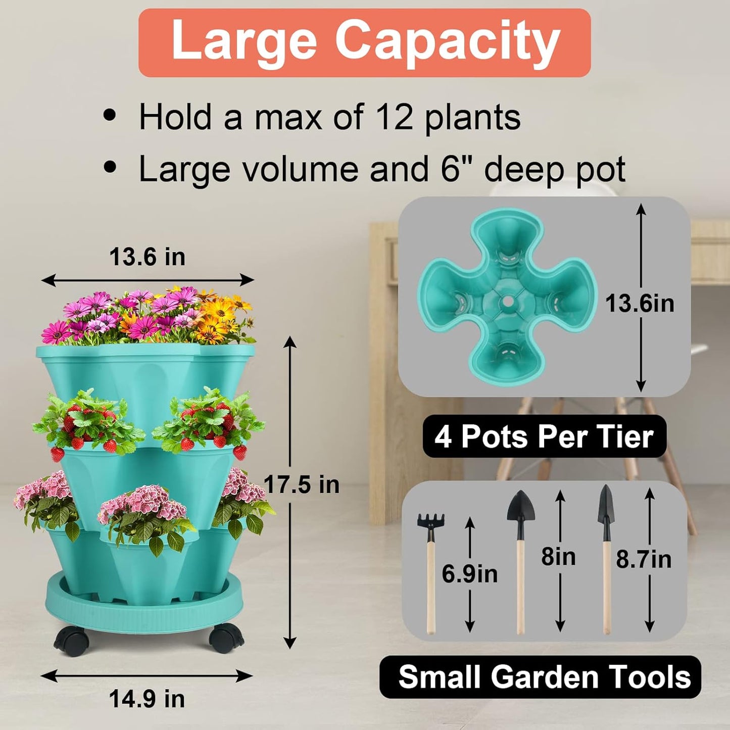 DUNCHATY Stackable Planter, Vertical Garden Planter with Wheels and Tools, Self Watering Strawberry