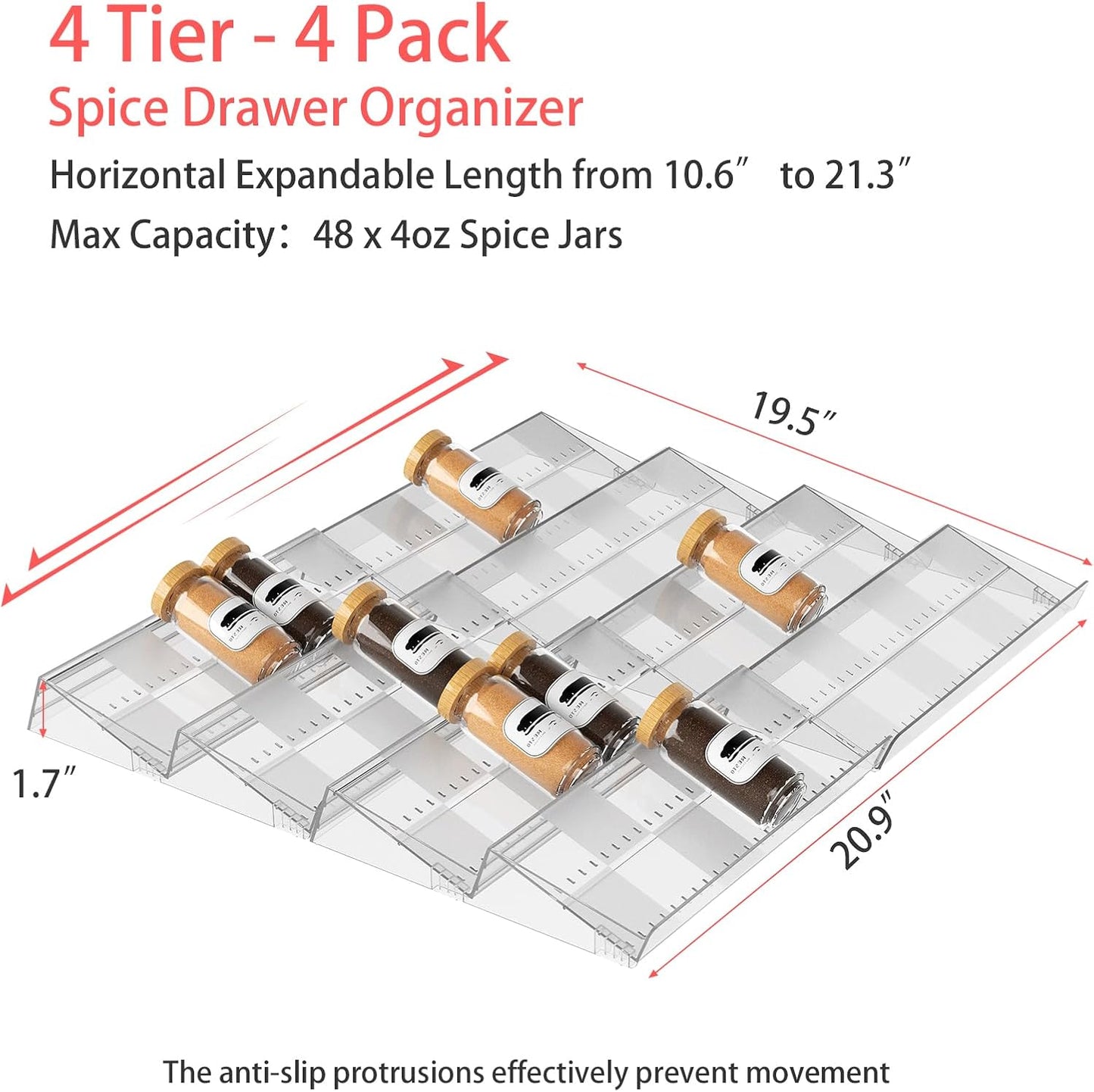 4-Tier Non-Slip Spice Drawer Organizer, 4-Pack Checkered Frosted Clear Acrylic, Expandable