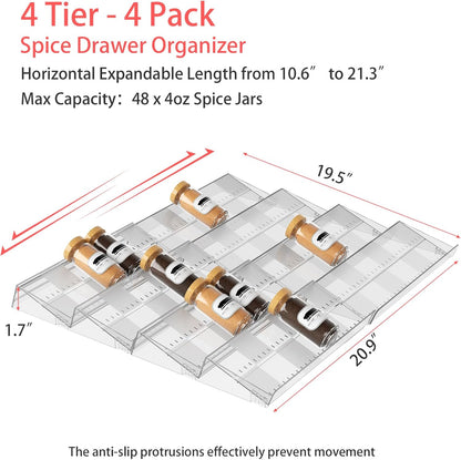 4-Tier Non-Slip Spice Drawer Organizer, 4-Pack Checkered Frosted Clear Acrylic, Expandable