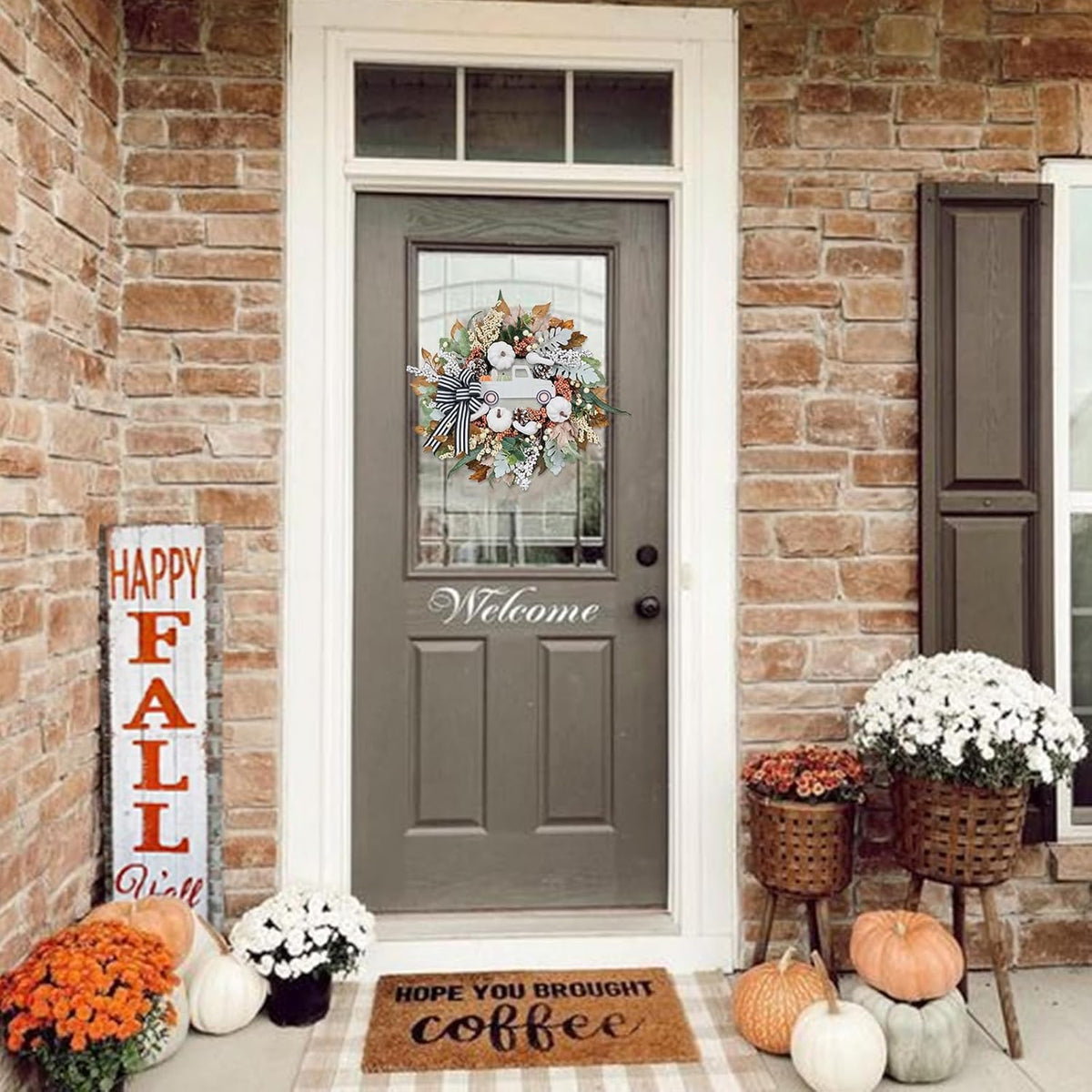 Fall Wreath for Front Door,20 inch White Pumpkin Door Wreath with Truck and Bow, Harvest Porch