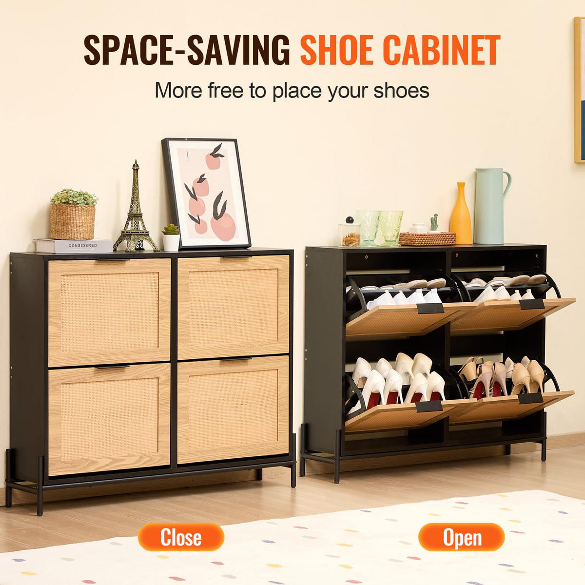 VEVOR Rattan Shoe Cabinet, Narrow Shoe Storage Organizer with 4 Flip Drawers, Slim Shoe Entryway