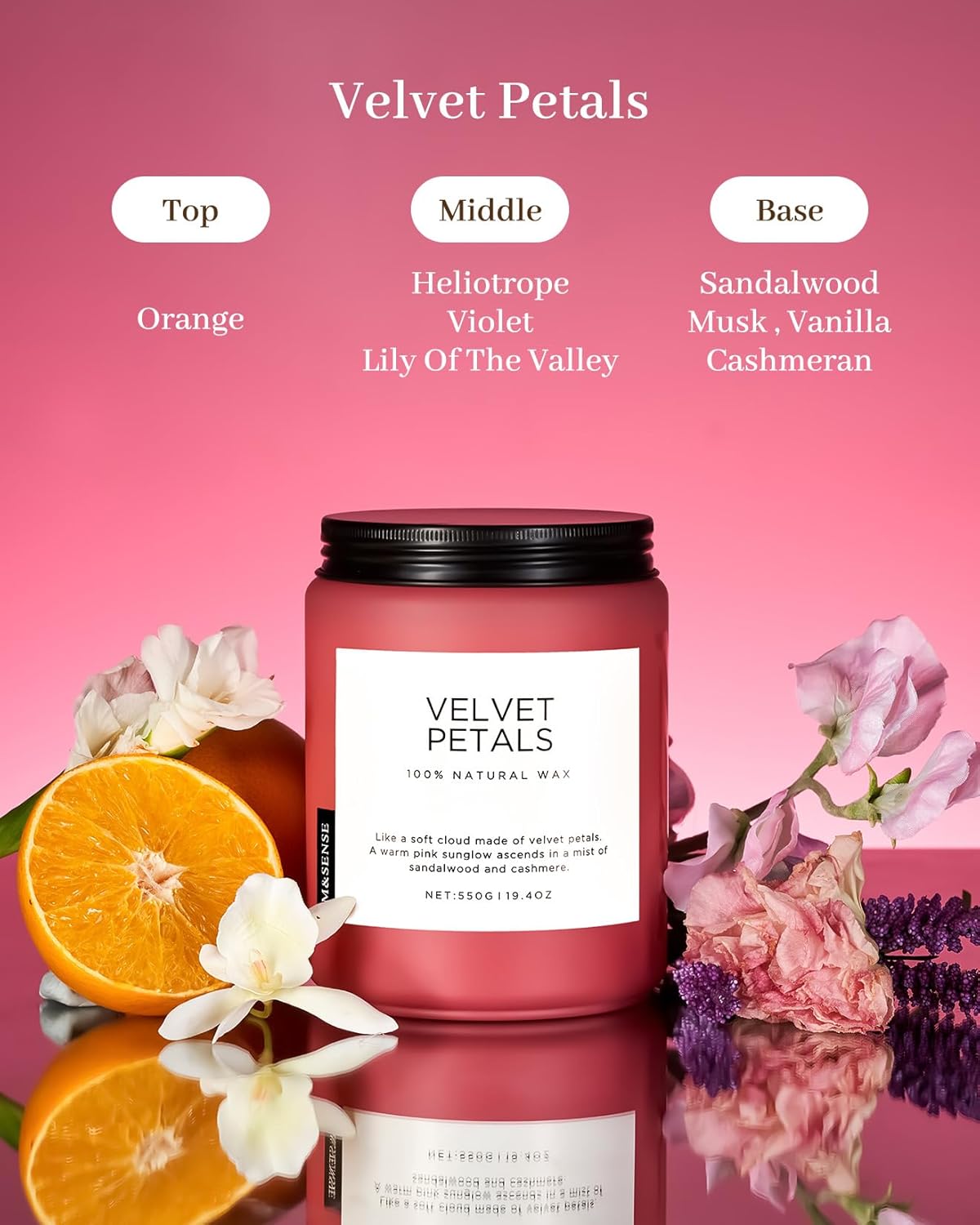 M&SENSE Velvet Petals Large Soy Candles for Home Scented, Organic Natural Soy Wax 19.4oz 110 Hour