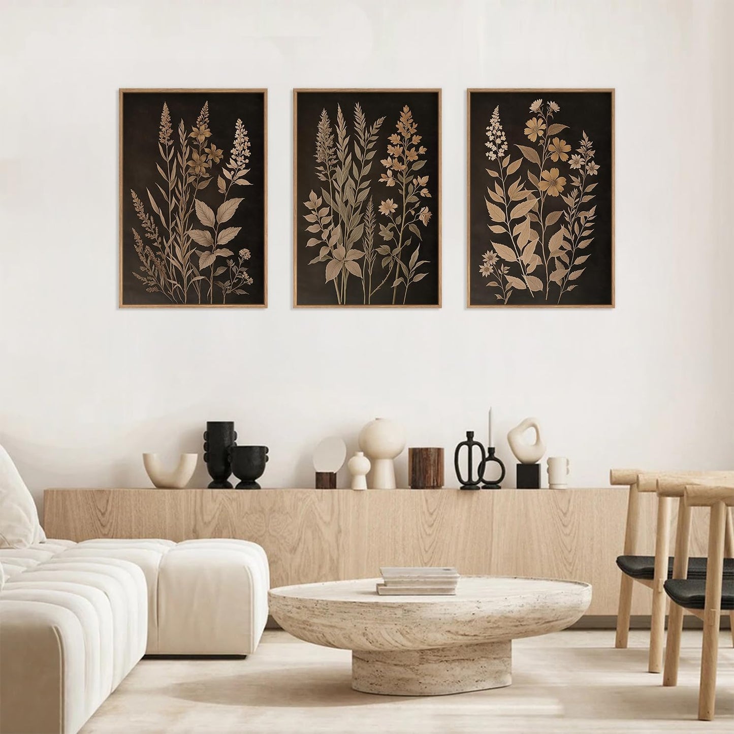 HLNIUC Vintage Botanical Fern Framed Canvas Wall Art Set,Black and Tan Plant Leaf Wall