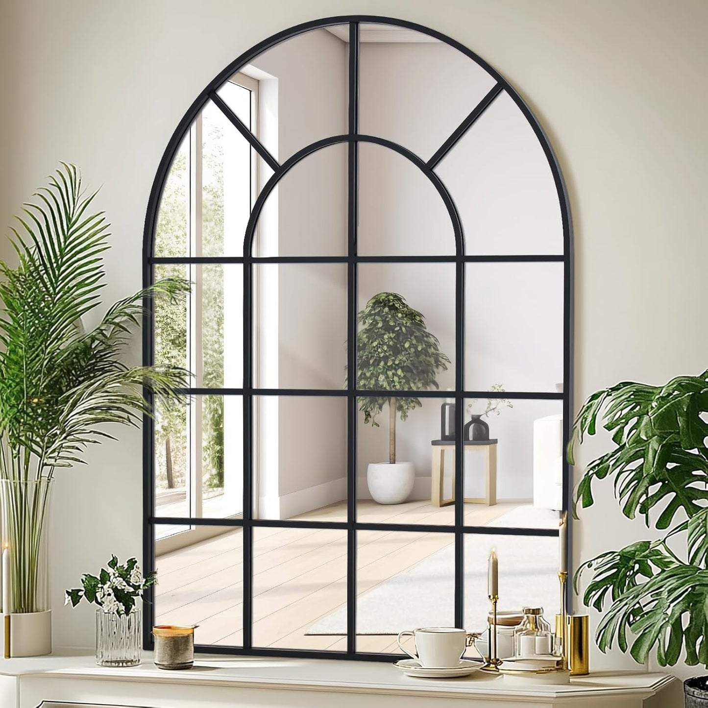 Arched Windowpane Wall Mirror 30"x40" Black Wall Mounted Art Pane Mirror Farmhouse Decorative