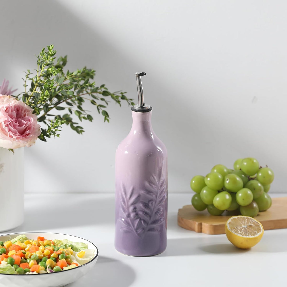 Sweejar Ceramic Olive Oil Dispenser Bottle, 20 Oz Relief Opaque Oil Cruet Protects To Reduce