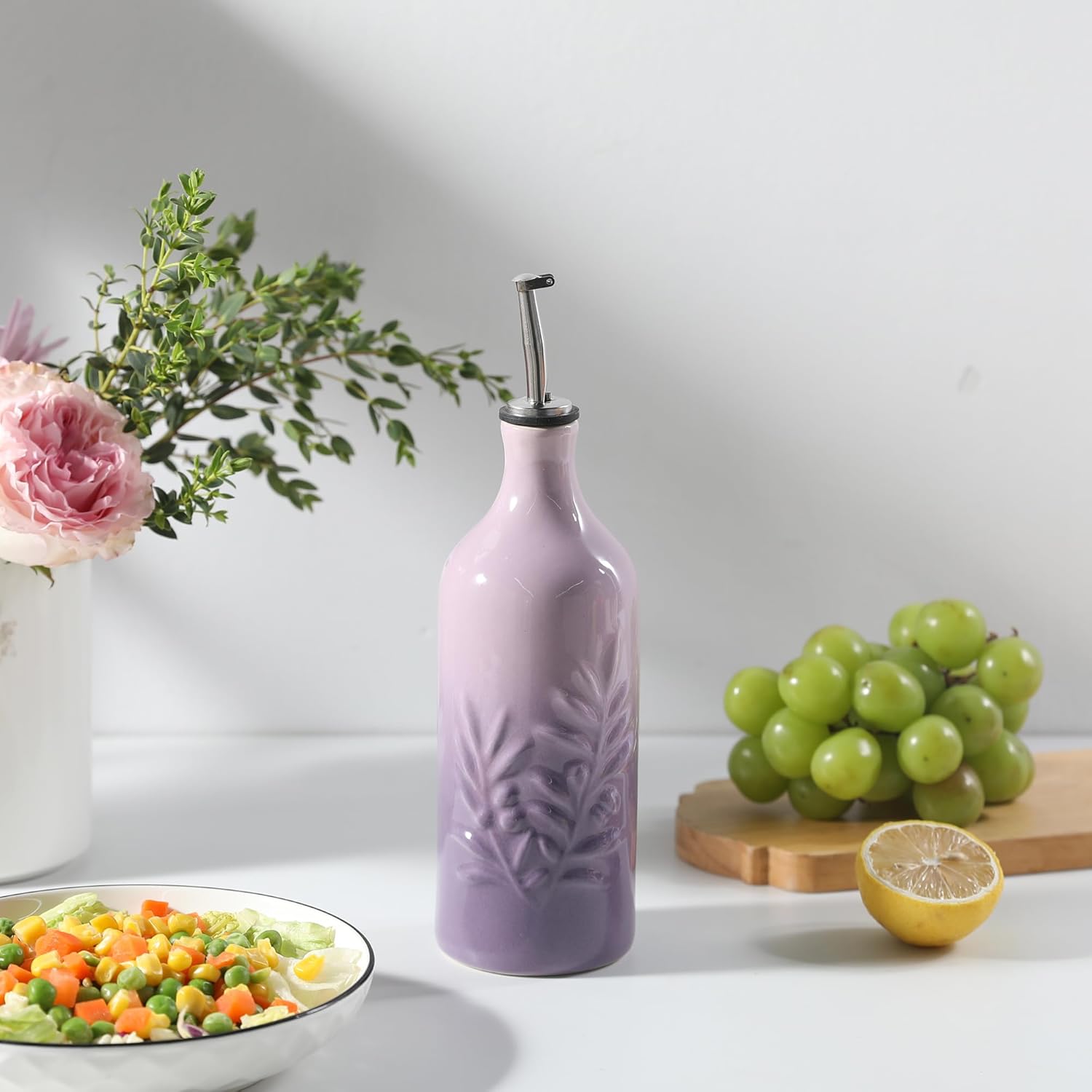 Sweejar Ceramic Olive Oil Dispenser Bottle, 20 Oz Relief Opaque Oil Cruet Protects To Reduce