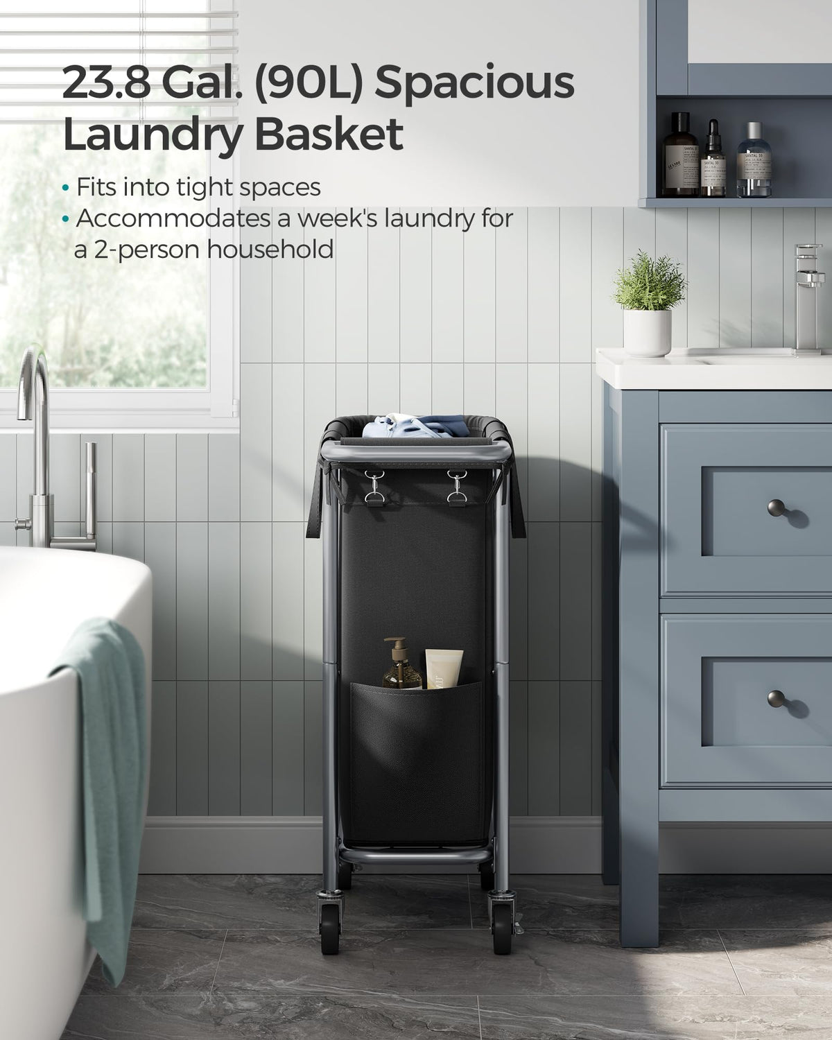 SONGMICS Laundry Basket with Wheels, Rolling Laundry Hamper, 23.8 Gallons (90 L), Removable Liner