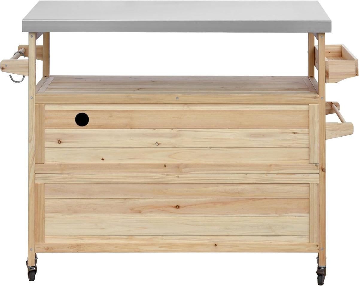 Outdoor Grill Table with Stainless Steel Top, Farmhouse Solid Wood Kitchen Island Cart with
