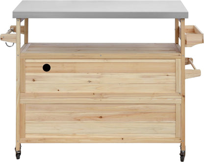Outdoor Grill Table with Stainless Steel Top, Farmhouse Solid Wood Kitchen Island Cart with
