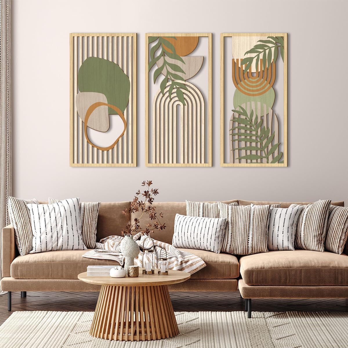 IARTTOP Boho Mid-century Modern Wood Wall Art 16x32 Inch Large Green Abstract Wood Wall Decor Mid