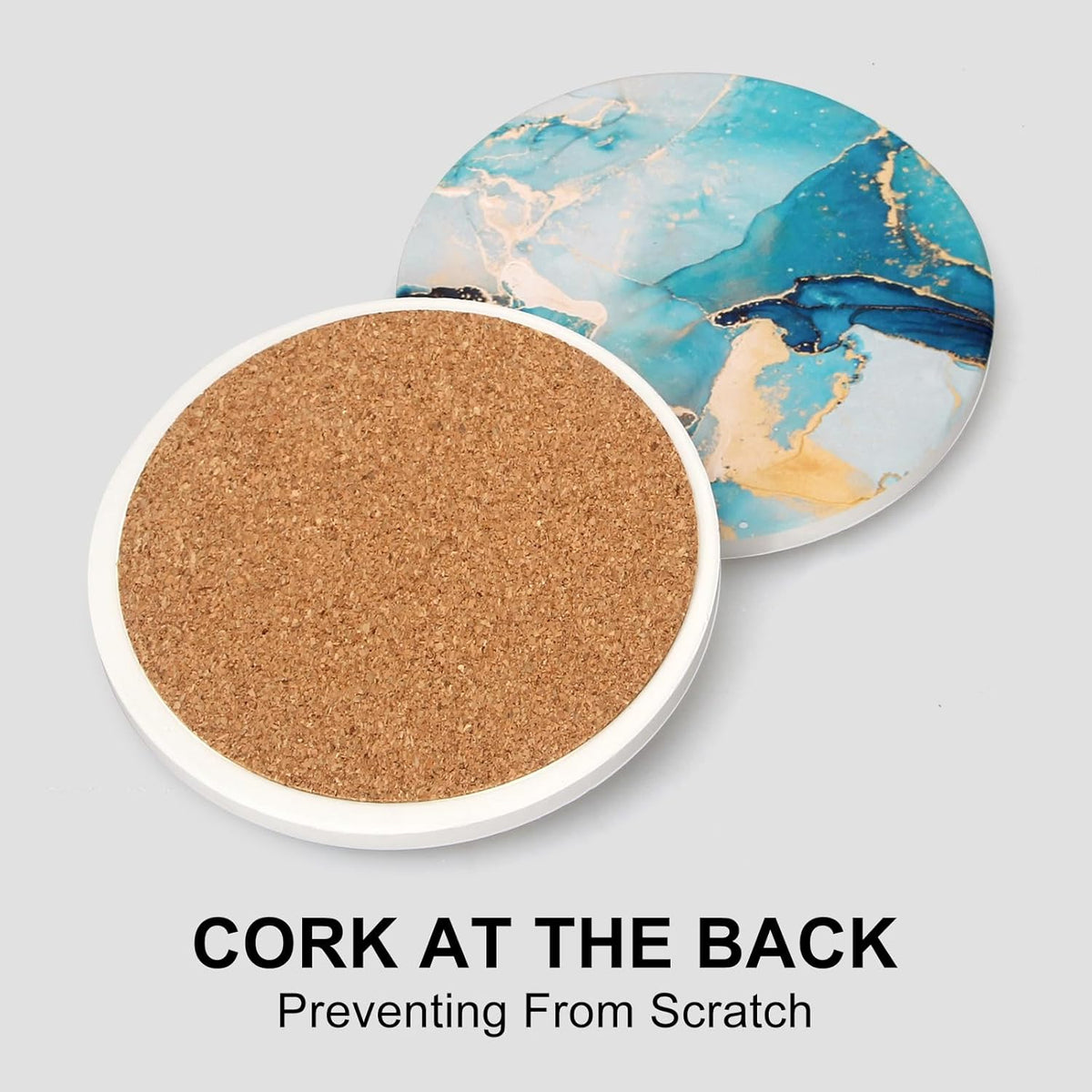 6 Pcs Light Blue Marble Abstract Ceramic Coasters with Holder Best Round Drink Absorbent Coasters