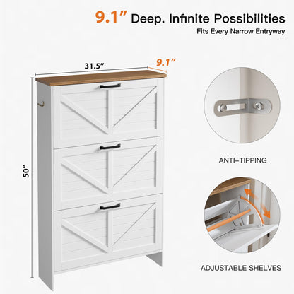 Shoe Cabinet for Entryway, 3 Flip Drawers Shoe Storage Cabinet with 3-Tier Adjustable Shelves