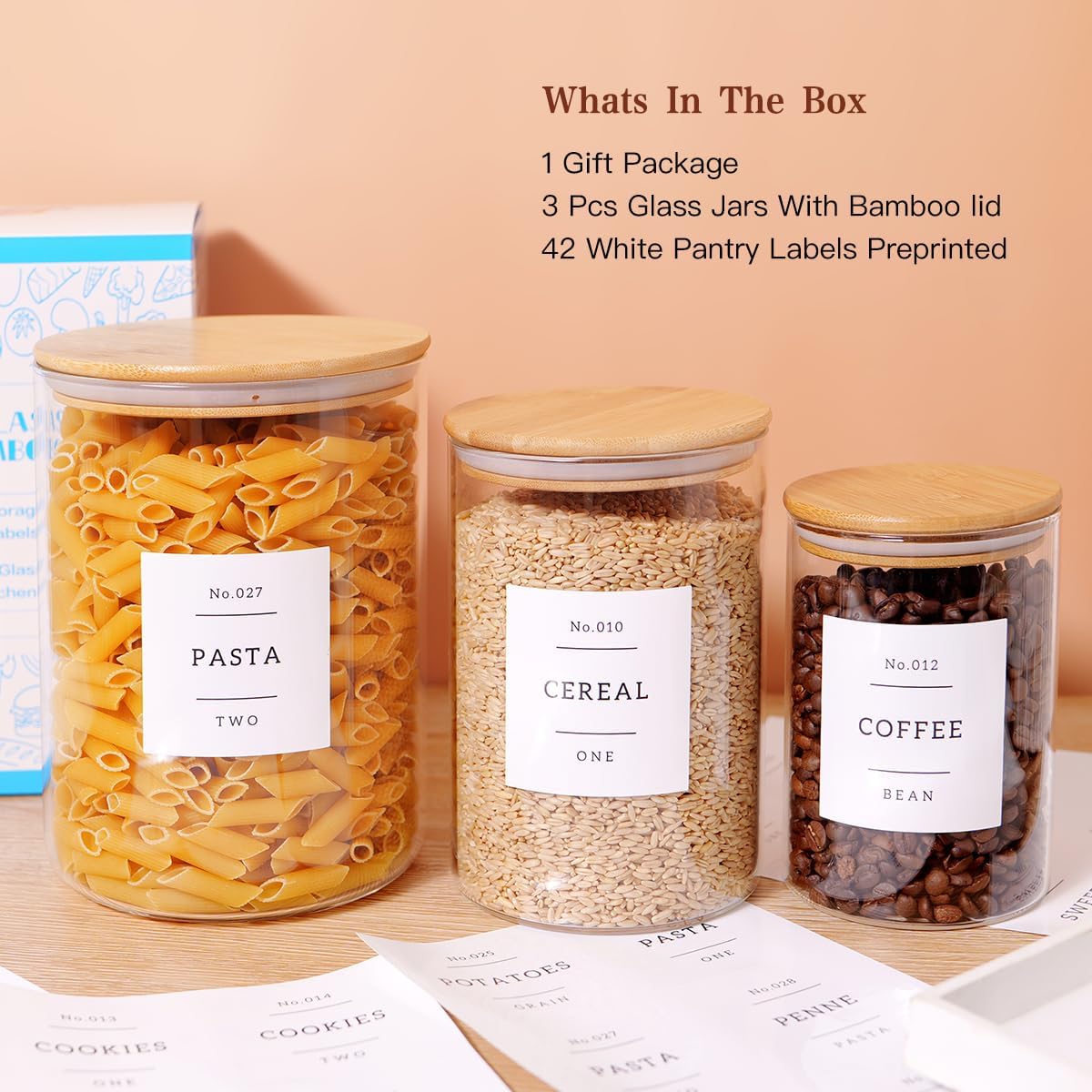 3 Pcs Glass Canisters with Airtight Bamboo Lids and 42 Kitchen Pantry Labels Preprinted - Clear