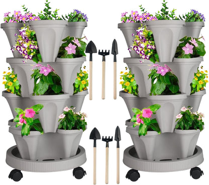 DUNCHATY Stackable Planter, Vertical Garden Planter with Wheels and Tools, Self Watering Strawberry