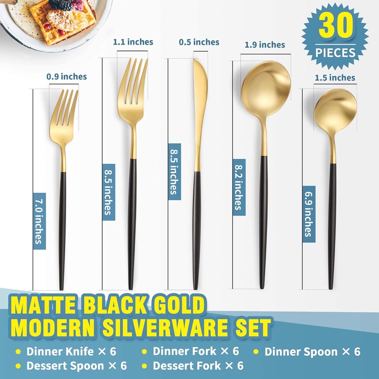 Matte Black Gold Silverware Set for 6,Modern Stainless Steel Brushed Cutlery Set,30-Pieces Heavy
