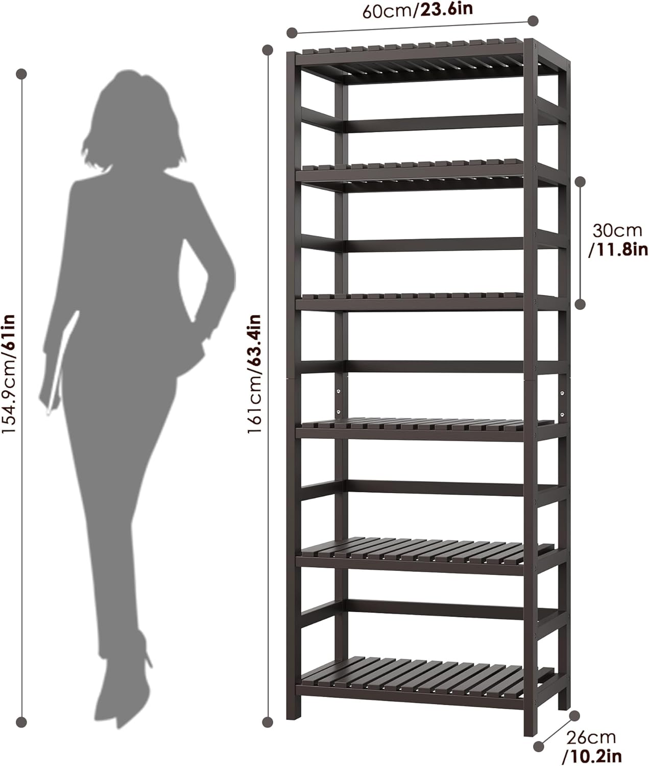 FOTOSOK 6-Tier Bamboo Shelf, Bamboo Bookcase with Adjustable Shelves, Free Standing Storage Shelf