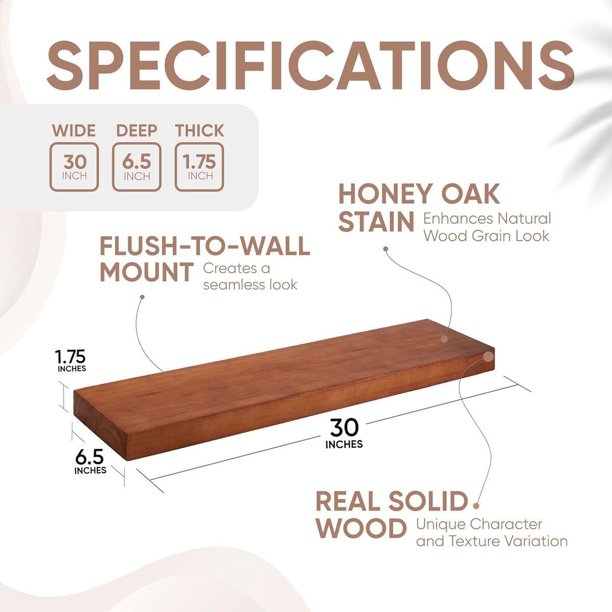 Homeforia Oak Floating Shelves 30 inch Long, High End Solid Real Wood 30inch Floating Shelf for