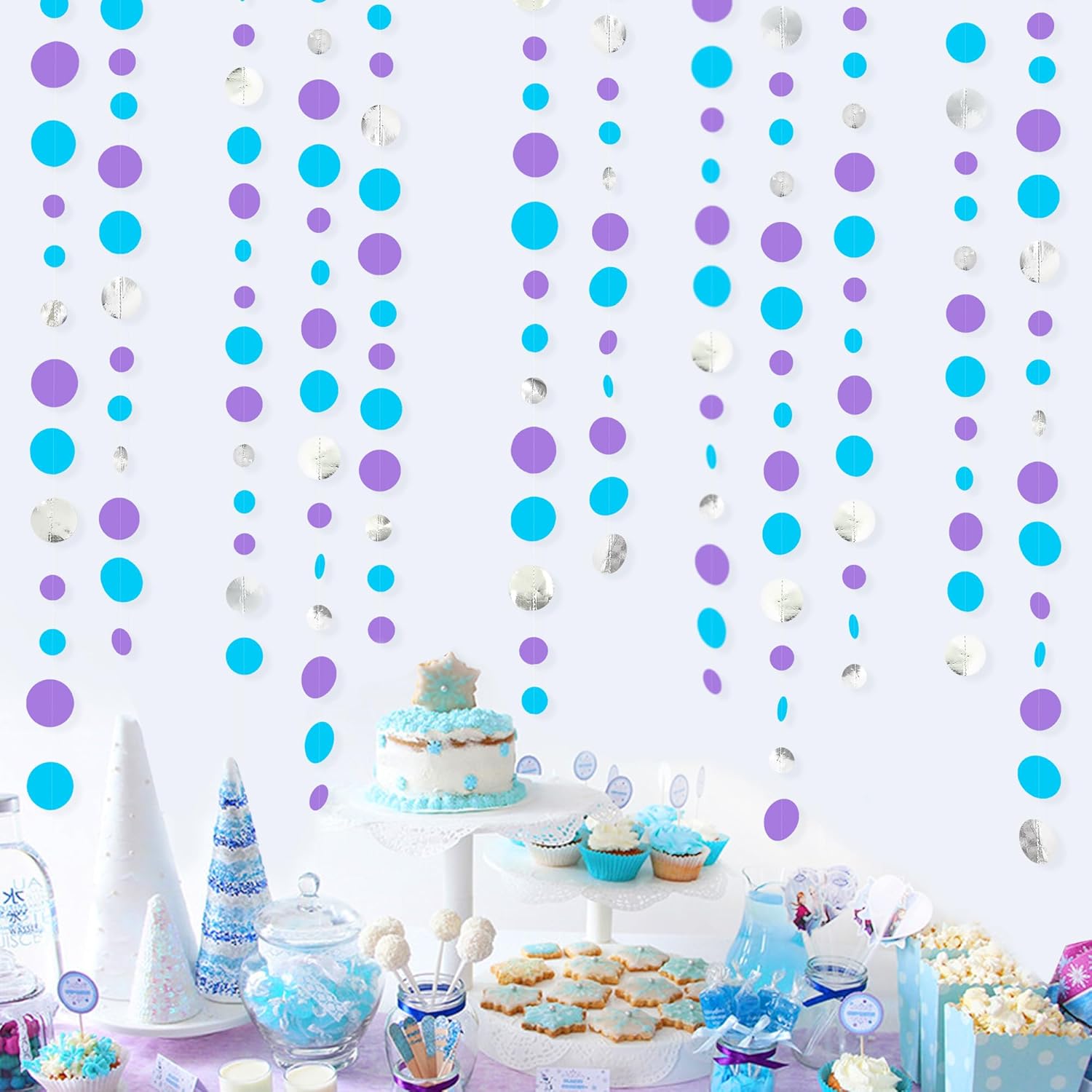 46 Ft Frozen Party Decorations Purple Blue Silver Polka Dots Garlands Hanging Paper Circle Dots