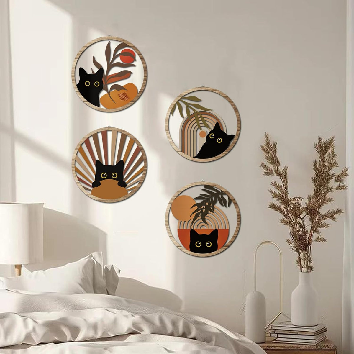 RETRART Boho Black Cat Wall Art Black Cat Room Decor Aesthetic, 4-Piece Farmhouse Geometric Wooden