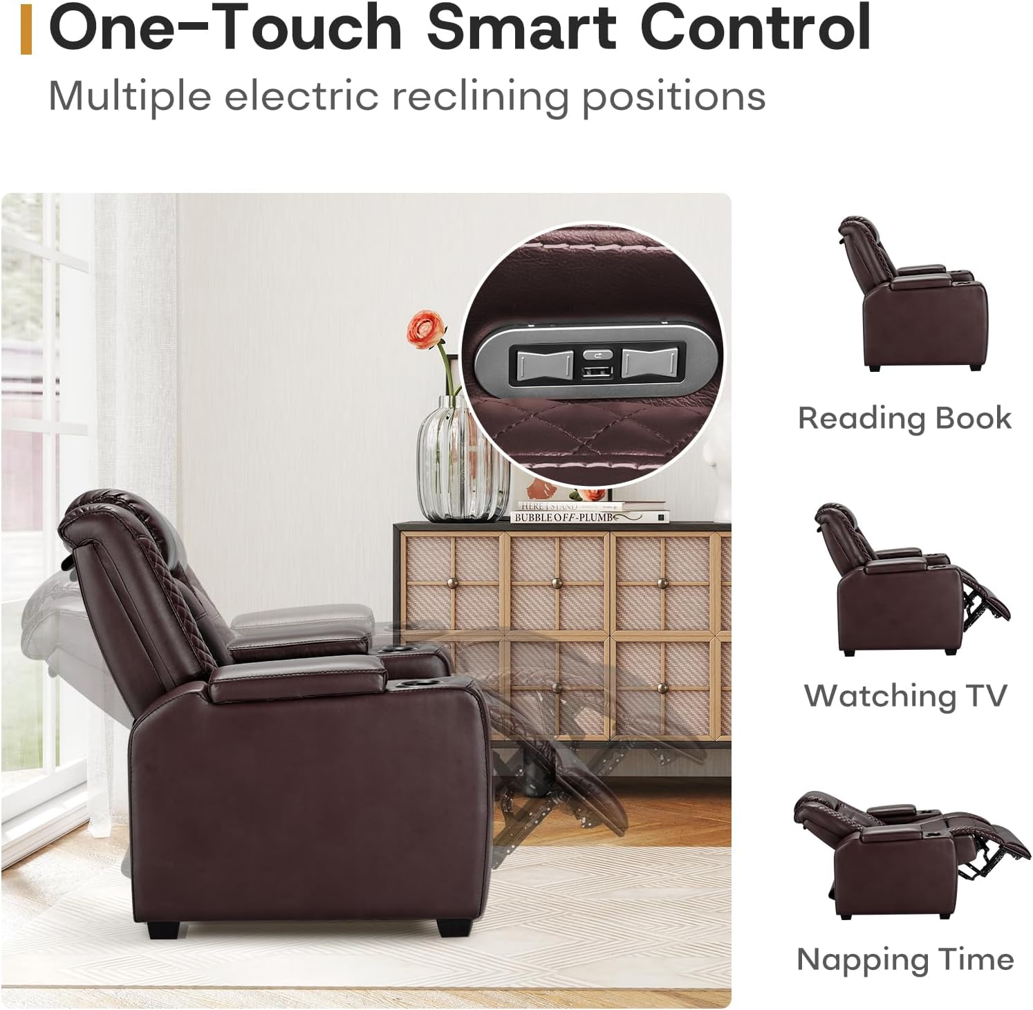ANJ Power Home Theater Seating Set of 2, Brown Faux Leather Electric Recliner Chair with Powered