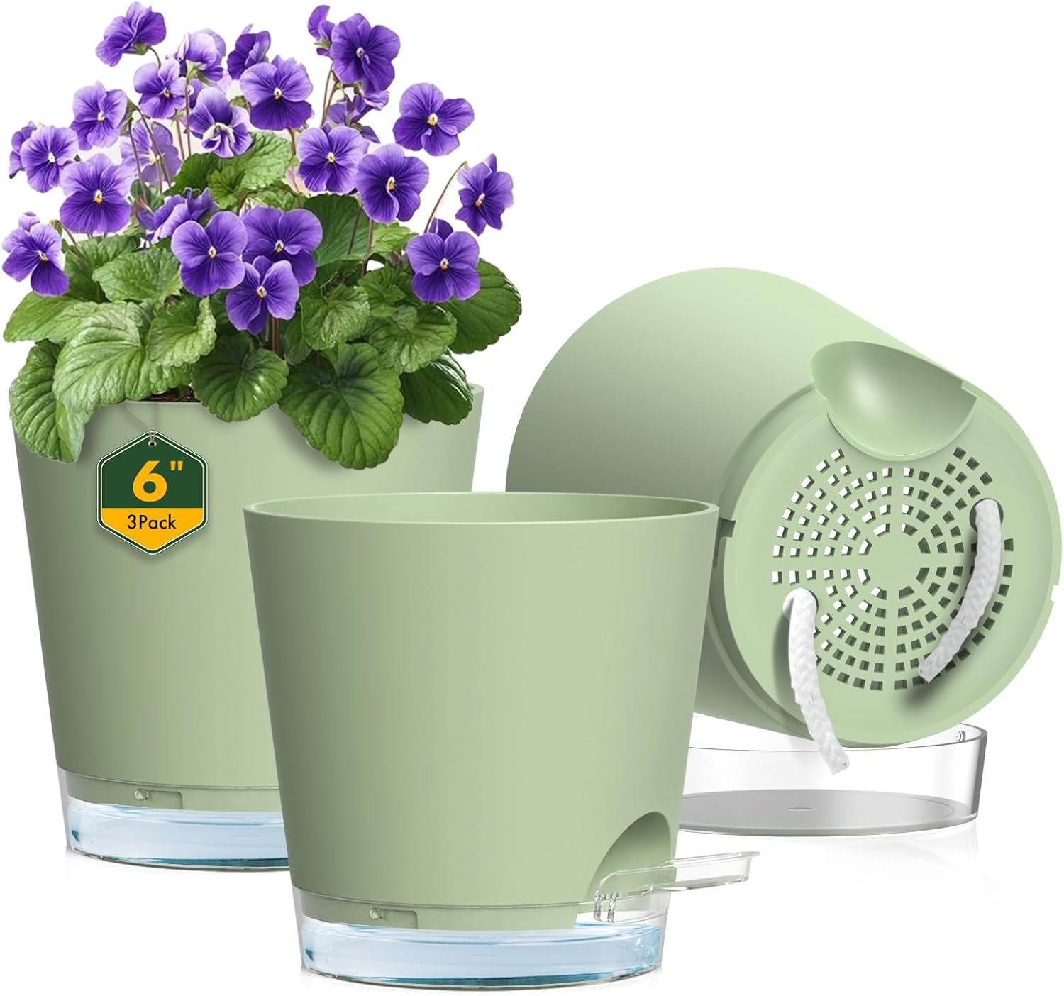 6 inch Self Watering Pots for Indoor Outdoor Plants, 3 Pack Flower Plant Pots with Drainage Holes