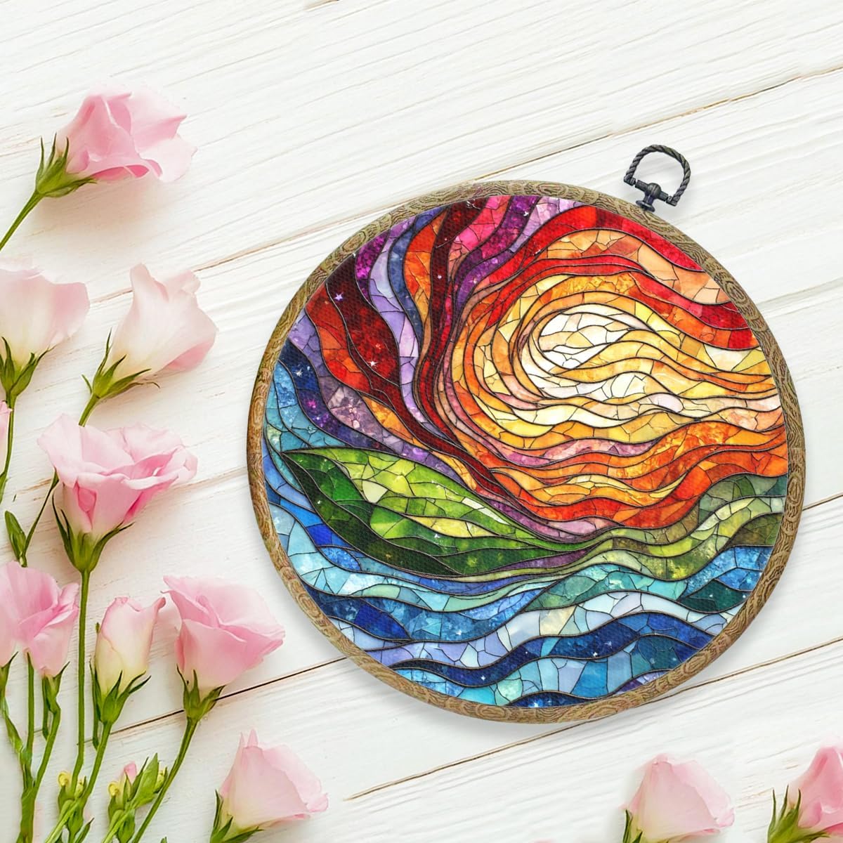 Colorful Boho Rainbow Geometric Spiral Sun Art Gift Framed Round Wall Decor Canvas Wall Art Hanging