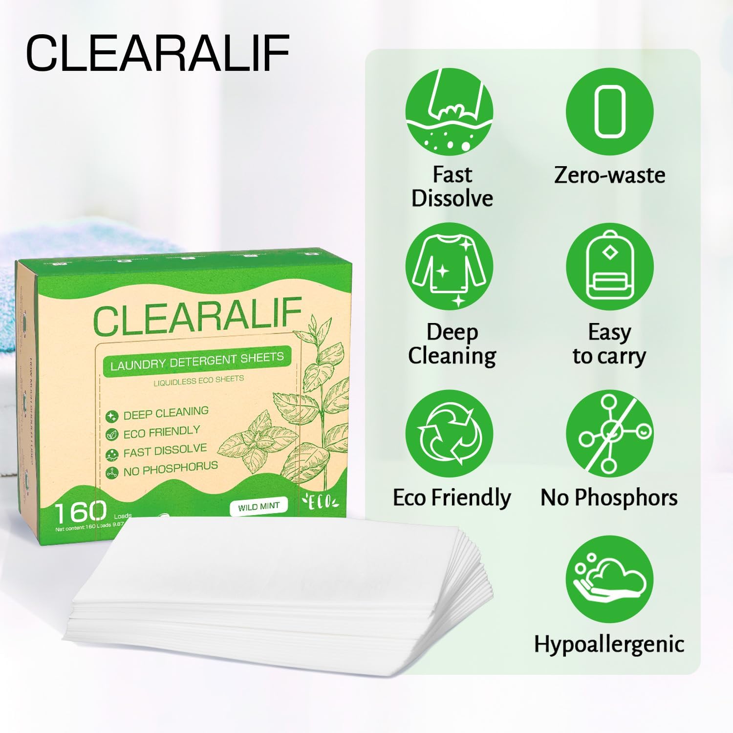 Laundry Detergent Sheets Up to 160 Loads, Wild Mint - Great For Travel,Apartments, Dorms,CLEARALIF