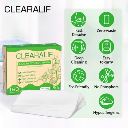 Laundry Detergent Sheets Up to 160 Loads, Wild Mint - Great For Travel,Apartments, Dorms,CLEARALIF
